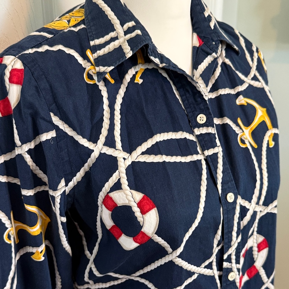 Vintage Ralph Lauren Navy Nautical Rope & Lifebuoy Button-Down Shirt - Picture 3 of 11